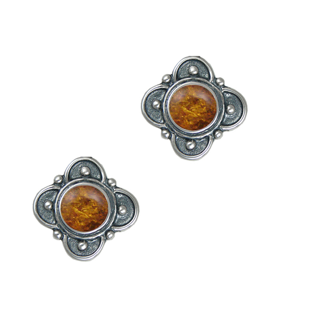 Sterling Silver Designer Post Stud Earrings With Amber